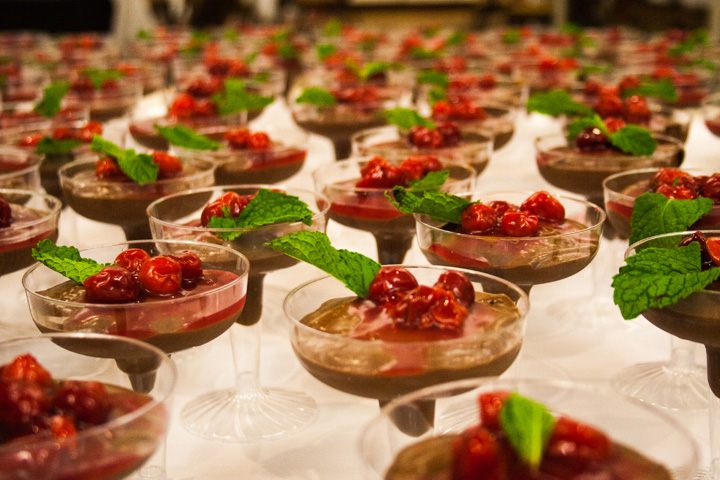chocolate mousse with cherry topping on a Blue Gate Catering buffet